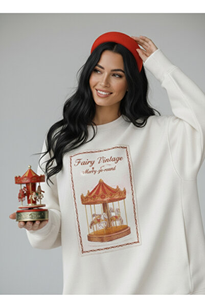 libukes Women's Oversized Sweatshirt Dress Carousel Love Printed White – Crew...