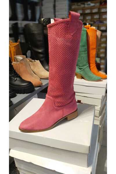 POTEEN حذاء نسائي صيفي من Tia بكعب قصير من الجلد السويدي ومثقوب بالليزر - بني