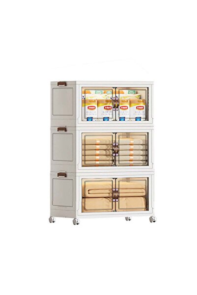 Ollieroo Three-Tier Foldable Plastic Storage Cabinet with Wheels, Transparent...
