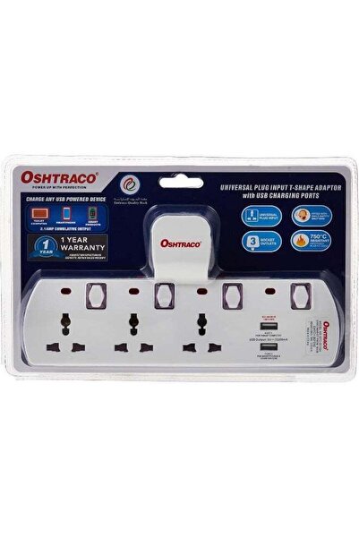 Oshtraco مقبس ثلاثي الاتجاهات على شكل حرف T مزود بمفتاح ومنفذ شحن USB بقوة 2....