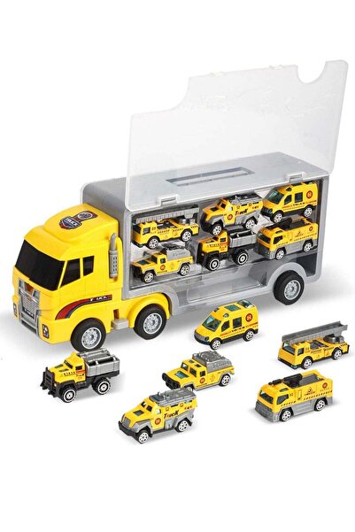 Yelajoy 7 in 1 Construction Cars and Trucks Toy - Yellow Truck Carrier Set