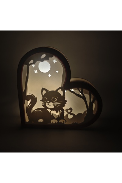 J&K Dizayn Mini Kalp İçinde Sevimli Kedi Silüeti Işıklı Dekor | 13x13 cm LED ...