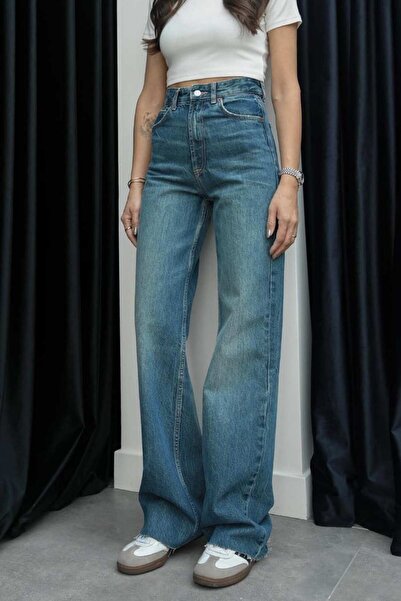 LUV STUDİOS CO Koyu Mavi Yıkamalı Yüksek Bel Straight Fit Jean Pantolon