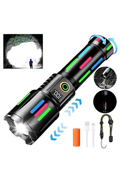 Generic مصباح يدوي تكتيكي قابل لإعادة الشحن، بطارية 26650 مللي أمبير، مزود بمصباح LED فائق السطوع، 5 أوضاع إضاءة، قابل للتكبير، مقاوم للماء بمعيار IPX6