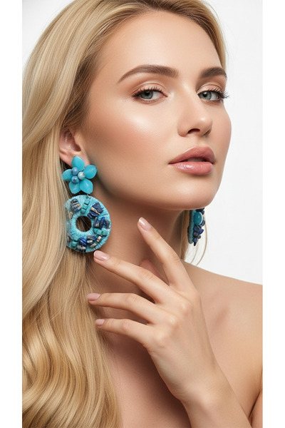 drt tasarım أقراط بتصميم الحبل الأزرق والحجر.