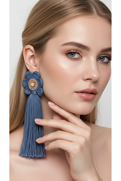 drt tasarım Denim Mavi Uzun Püsküllü Tasarım Küpe