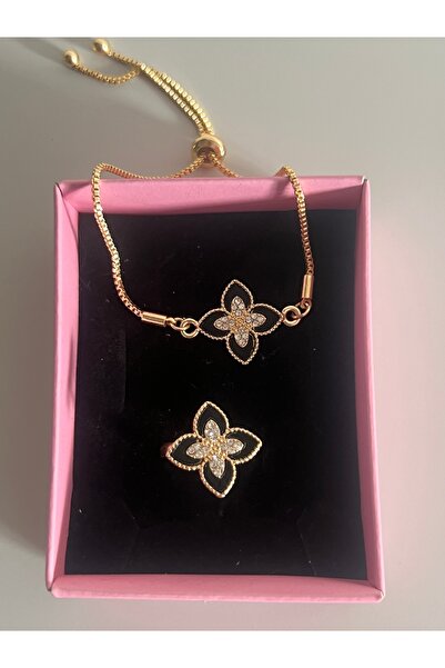 tones official Şans/Bolluk/Bereket Temalı Taşlı Yonca Yüzük-Bileklik Set