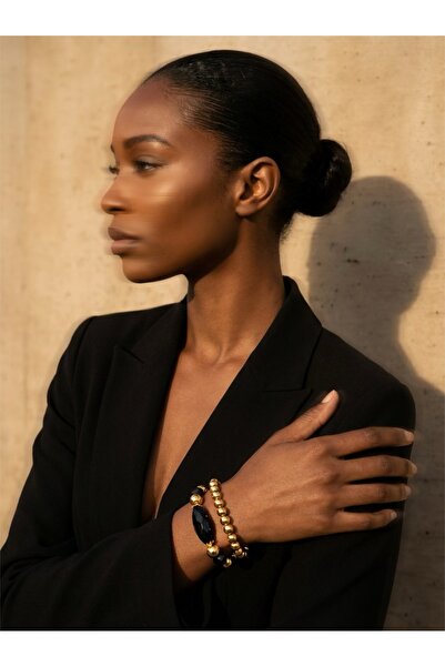 COCOSH TAKI Siyah iri boncuklu gold detaylı çoklu kombin bileklik