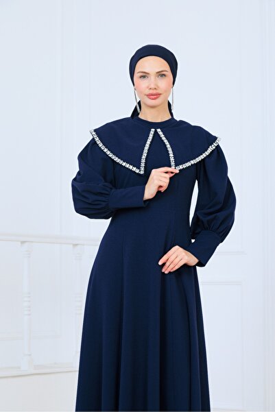 sedadenizstore Stone Detailed Hijab Evening Dress – Balloon Sleeves, Stylish and Modern Design