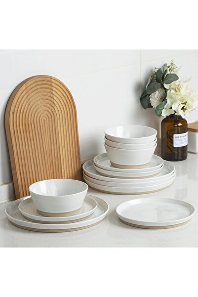 Callena Set de cină, ceramică, 12 piese, alb cu buline negre și bază mată, Saturn