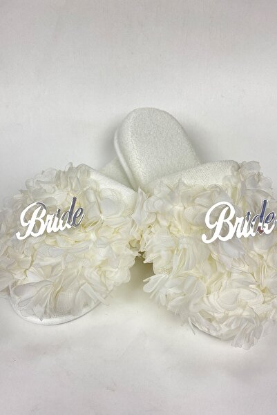 Limelia Beyaz Bride Yazılı Çiçekli Süslü Gelin Terliği
