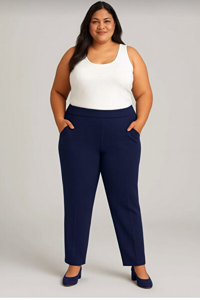 My-o Women's Plus Size Steel Knitted Pipe Leg Trousers - Mom Pants - Navy Blue