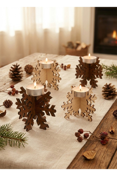 Antika Design Yılbaşı hediyesi 4 adet Kar tanesi şekline ahşap mumluk + 4 ade...