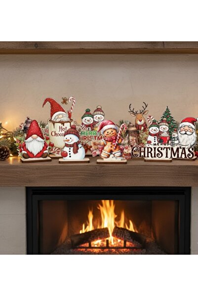 samsunlazer مجموعة زينة عيد الميلاد والعام الجديد الخشبية UV مطبوع لتزيين أعلى المدفأة - ديكور على الطاولة مع قاعدة