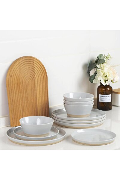 Callena Dinner set, ceramic, 12 pieces, light gray with black dots and matte base, Saturn