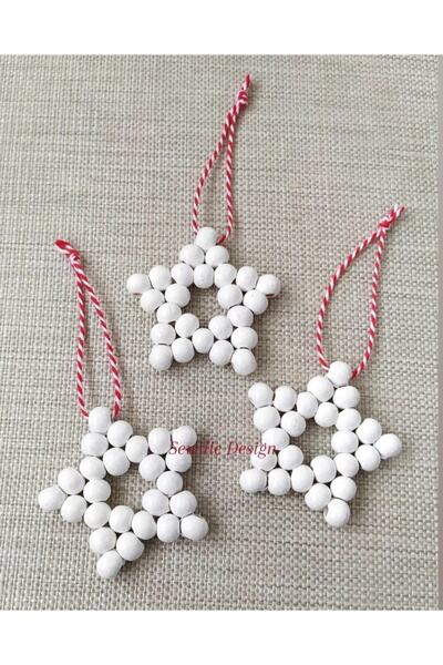 SSCglow نجمة خشبية مطرزة بالخرز - أبيض 3 قطع