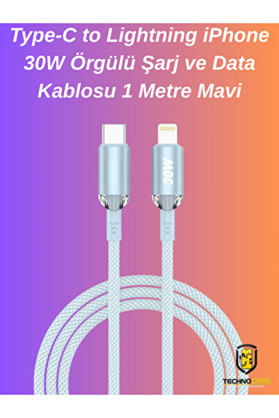 technocaseee Type-C to Lightning iPhone 30W Örgülü Şarj ve Data Kablosu 1 Met...