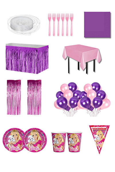 Barbie Parti Seti 16 Kişilik Premium | Masa Etekli Arka Fonlu Balon Zincirli ...