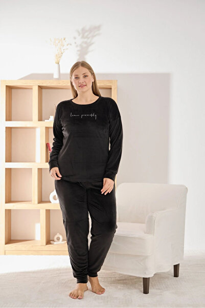 Pijamoni Women's Soft Velvet Crew Neck Dark Black Pajama Set