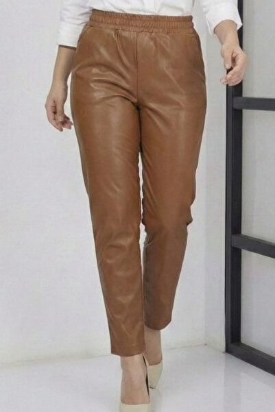 Hb Harma Time Butik Pantaloni din piele maro pentru femei cu talie elastică și buzunare