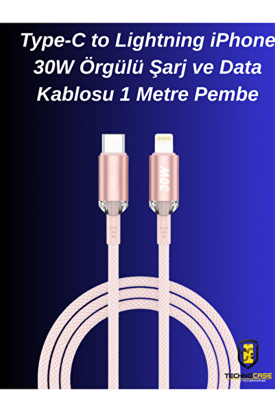 technocaseee Type-C to Lightning iPhone 30W Örgülü Şarj ve Data Kablosu 1 Met...
