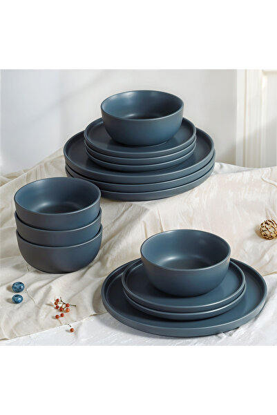 Callena Dinner set, ceramic, anthracite-blue with black dots, 12 pieces, Nordic Simplicity