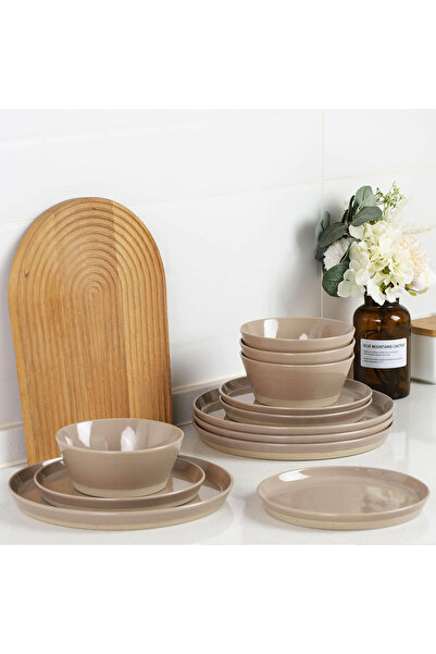 Callena Dinner set, ceramic, 12 pieces, light brown with black dots and matte base, Saturn