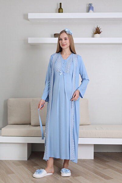 ERDENİZ TEKSTİL Hamile ve Lohusa Gecelik Sabahlık Takımı Uzun Boy Emzirme Öze...