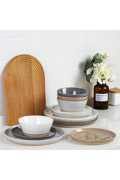 Callena Dinner set, ceramic, 12 pieces, mix colors with black dots and matte base, Saturn