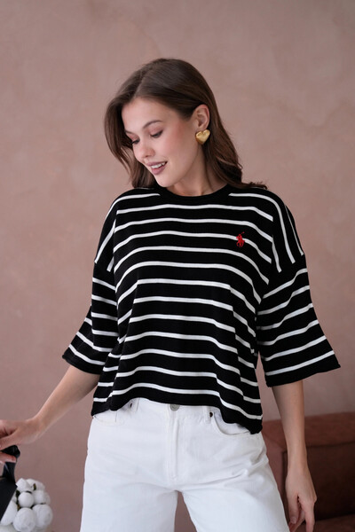 Park Karon Women's Crew Neck Short Sleeve Striped Knit Sweater 10076