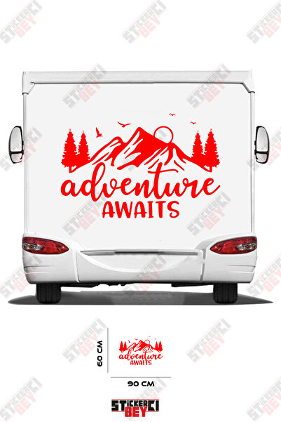 STİCKERCI BEY ملصق كارافان مزين بصورة جبل وشجرة مع عبارة 'المغامرة تنتظر'