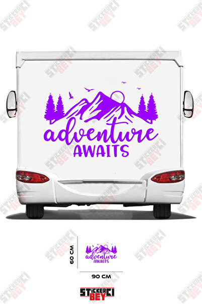 STİCKERCI BEY ملصق كارافان مزين بصورة جبل وشجرة مع عبارة 'المغامرة تنتظر'
