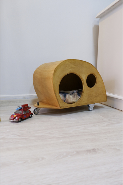 huncar Kedi Evi Çekme Karavan Dekoratif Ahşap İç Mekan