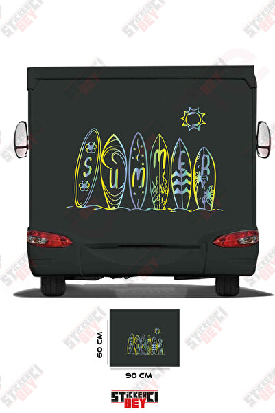 STİCKERCI BEY Summer Written on the Caravan with a Surfboard Sticker Coating