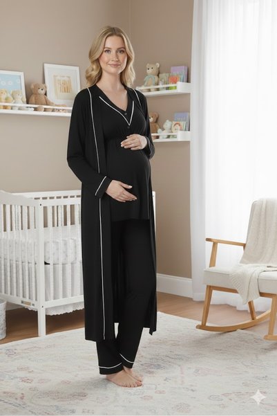 LOHOUSE Women's Piped Long Sleeve Maternity Pajamas Set with Dressing Gown 3-Piece Pajama Set