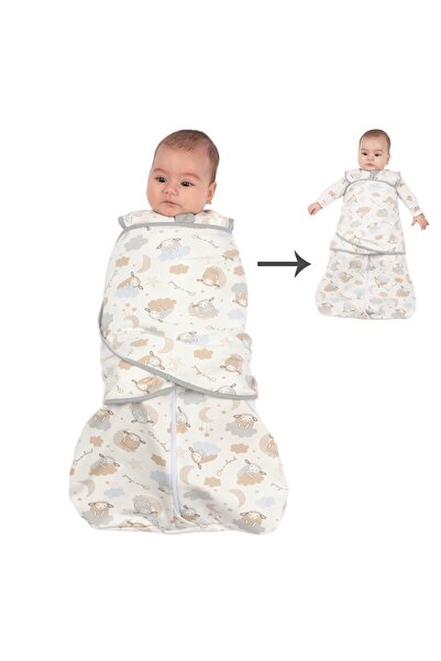 Kidizi Sac de dormit bebelusi cu sistem de infasare din bumbac flausat On a Cloud Pastel, 0-6 lun...