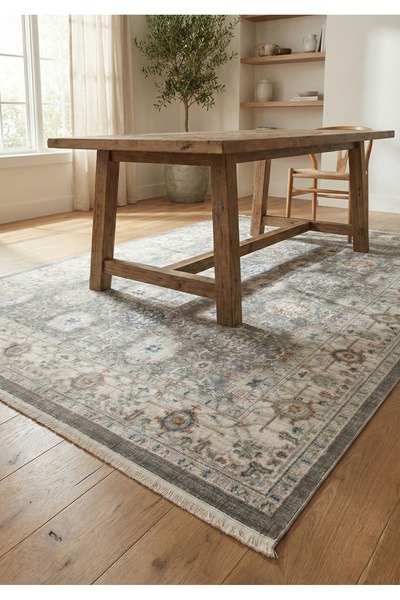 Etnik Motifli Dokuma Tabanlı Lüks Saçaklı Halı - Modern Klasik Salon Halısı