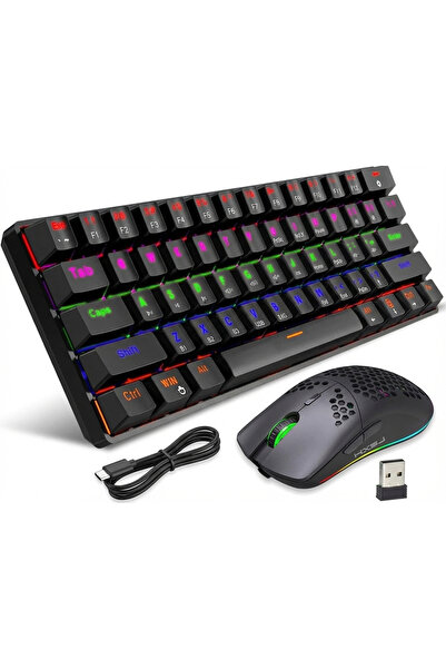 HXSJ L800 61-Key Mechanical Gaming Keyboard RGB (White) + T66 Wireless Gaming Mouse 3600 DPI