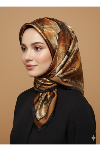 Levidor 90x90 İpek Görünümlü Kahverengi - Siyah Eşarp – Kaymayan Twill Şık Tasarım