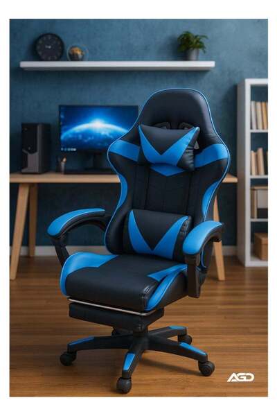 AGD Gaming Chair with Footrest, High-Back Recliner, Lumbar Support, Adjustable Headrest (Black/Blue)