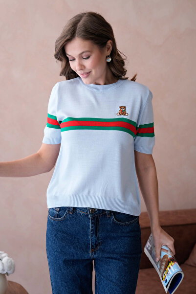 Park Karon Pulover tricotat cu mânecă scurtă, brodat, pentru femei, guler rotund 10185