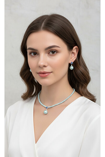 YONGA'S BOUTİQUE طقم أقراط وقلادة من اللؤلؤ الأزرق بتصميم نسيم البحر
