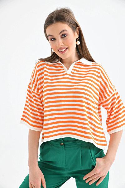 Park Karon Women's Polo Neck Short Sleeve Striped Knit Sweater 10097