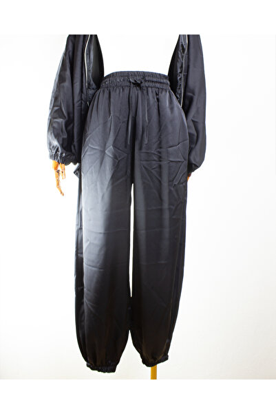 Fast Perry Yüksek Bel Lastikli Saten Pantolon Siyah