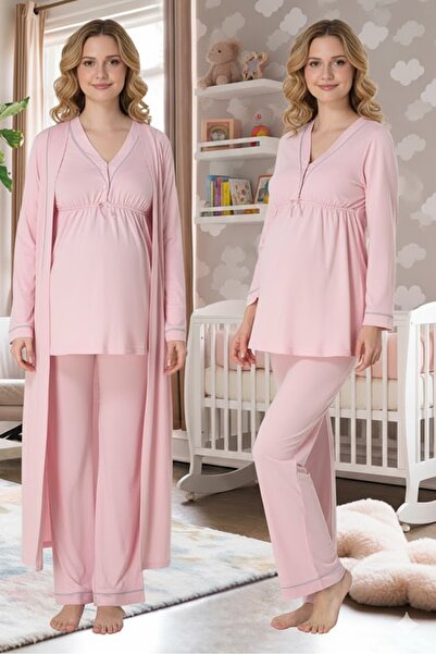 LOHOUSE Kadın Biyeli Uzun Kollu Lohusa Hamile Sabahlıklı 3'Lü Pijama Takımı Seti