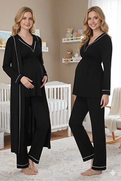 LOHOUSE Women's Piped Long Sleeve Maternity Pajamas Set with Dressing Gown 3-...