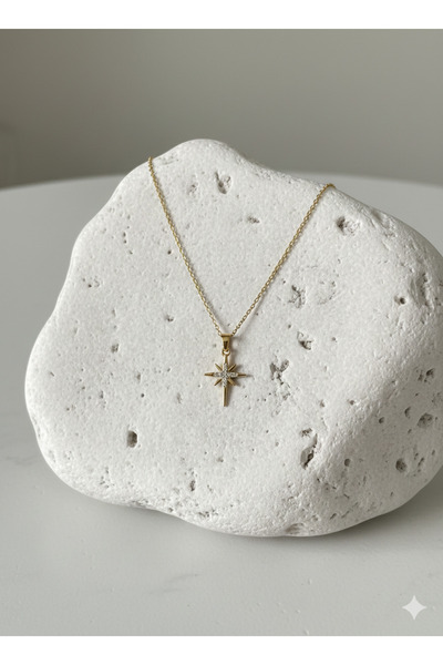 çelik takı KADIN ZİRKON TAŞ DETAYLI KUZEY YILDIZI PASLANMAZ KARARMAZ ÇELİK KO...