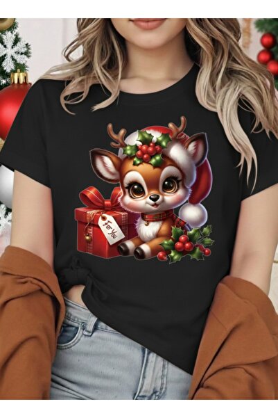 one button Unisex Yılbaşı Sevimli Geyik Ve Hediye Paket Tasarım Basic Bisiklet Yaka Regular T-shirt %100 Pamuk