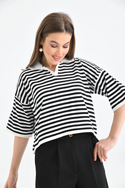 Park Karon سترة تريكو مخططة بأكمام قصيرة وياقة بولو للسيدات 10097