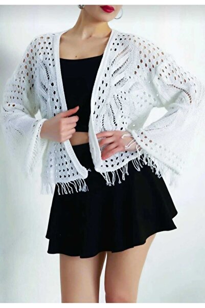 LUVON White Tassel Detailed Lace-Like Knit Spanish Sleeve m Transitional Wome...